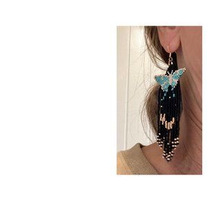 Hand Beaded Turquoise, Black and Gold Luna Moth Fringe Earrings